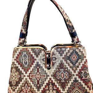 VTG 60s Kadin Tapestry Carpet Bag Purse Double Clasp Kent Zipper Geometric‎ USA